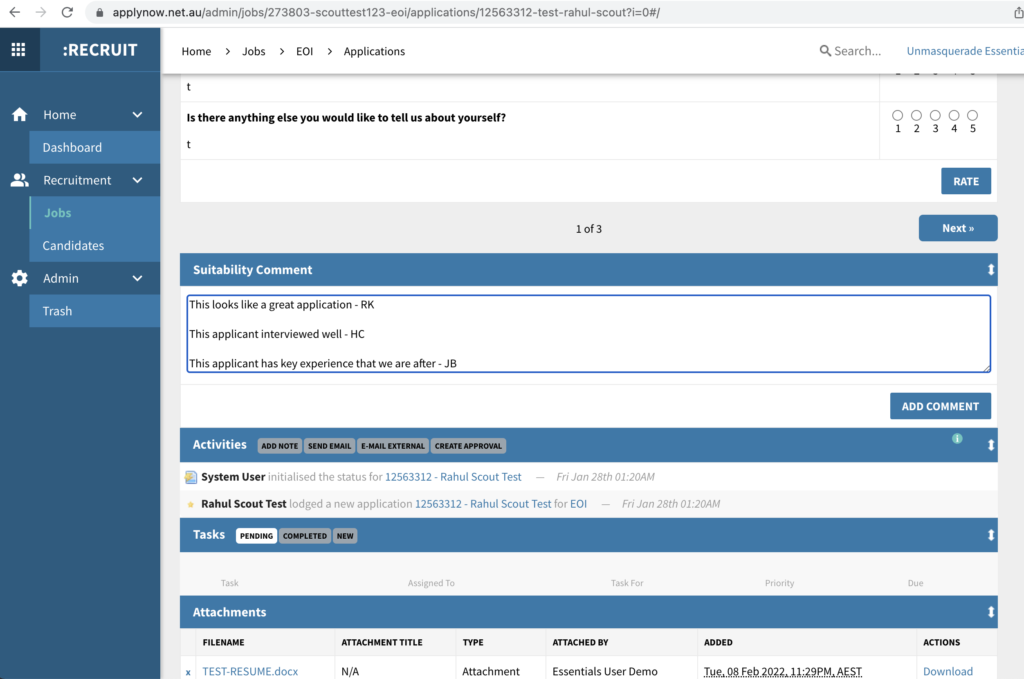 Suitability comments allow you to leave notes for hiring managers in :Recruit Essentials 