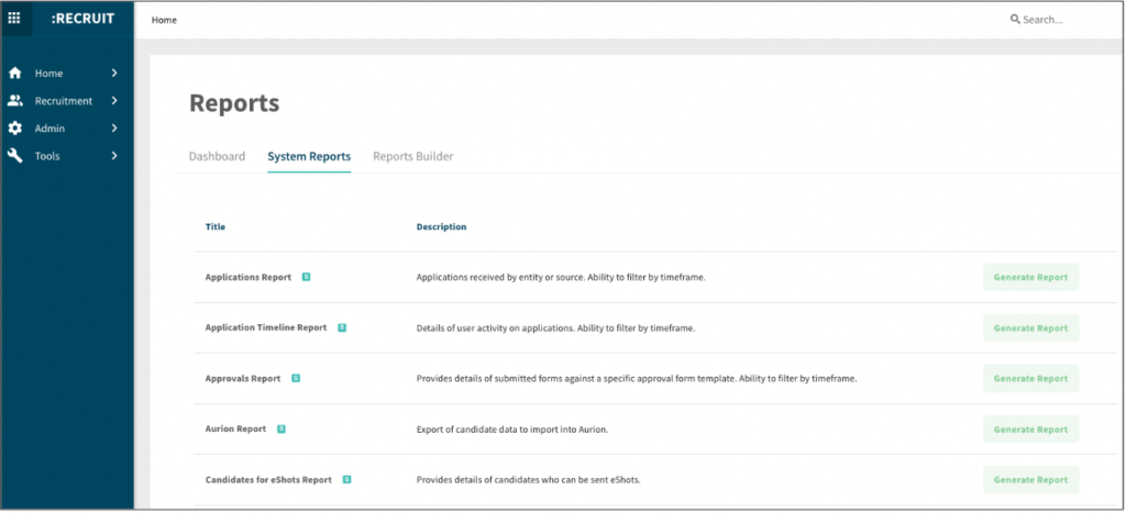 Reports Reporting feature in Scout Talent Recruit Module